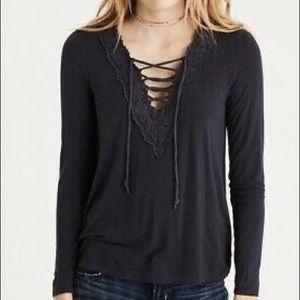 American Eagle Soft and Sexy Lace Up Long Sleeve Tee
